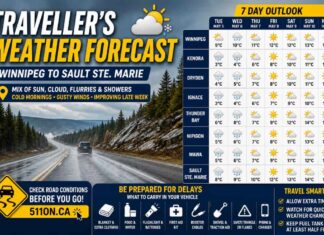 Traveller’s Weather Forecast: Winnipeg to Sault Ste. Marie – Early May 2026 Northern Ontario travel weather, Trans Canada Highway weather, Winnipeg weather, Kenora weather, Dryden weather, Ignace weather, Thunder Bay weather, Nipigon weather, Wawa weather, Sault Ste Marie weather, Ontario road conditions, 511 Ontario, spring driving Canada, travel safety tips, Northern Ontario forecast