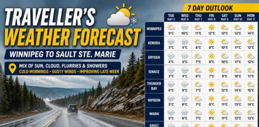 Traveller’s Weather Forecast: Winnipeg to Sault Ste. Marie – Early May 2026 Northern Ontario travel weather, Trans Canada Highway weather, Winnipeg weather, Kenora weather, Dryden weather, Ignace weather, Thunder Bay weather, Nipigon weather, Wawa weather, Sault Ste Marie weather, Ontario road conditions, 511 Ontario, spring driving Canada, travel safety tips, Northern Ontario forecast