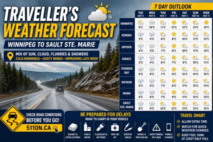 Northern Ontario travel weather, Trans Canada Highway weather, Winnipeg weather, Kenora weather, Dryden weather, Ignace weather, Thunder Bay weather, Nipigon weather, Wawa weather, Sault Ste Marie weather, Ontario road conditions, 511 Ontario, spring driving Canada, travel safety tips, Northern Ontario forecast
