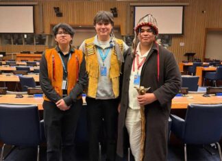 UNDER THE NORTHERN SKY First Nation Youth Speak At The United Nations photo provided by Jeronimo Kataquapit - Northern First Nation youth addressed the United Nations Permanent Forum on Indigenous Issues (UNPFII) Twenty-Fifth Session which was held at the United Nations headquarters in New York from April 20 to May 1, 2026. Pictured (L-R) at the UN in New York are: Kohen Mattinas, Lac Seul FN / Constance Lake FN; Jeronimo Kataquapit, Attawapiskat FN and Ramon Kataquapit, Attawapiskat FN.