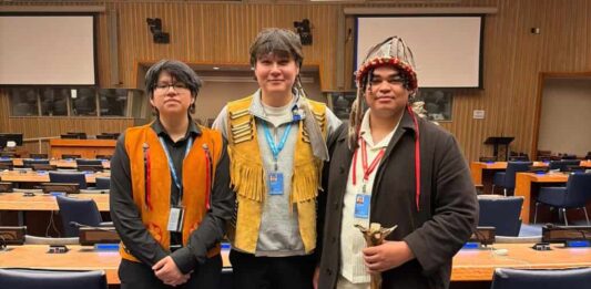 UNDER THE NORTHERN SKY First Nation Youth Speak At The United Nations photo provided by Jeronimo Kataquapit - Northern First Nation youth addressed the United Nations Permanent Forum on Indigenous Issues (UNPFII) Twenty-Fifth Session which was held at the United Nations headquarters in New York from April 20 to May 1, 2026. Pictured (L-R) at the UN in New York are: Kohen Mattinas, Lac Seul FN / Constance Lake FN; Jeronimo Kataquapit, Attawapiskat FN and Ramon Kataquapit, Attawapiskat FN.