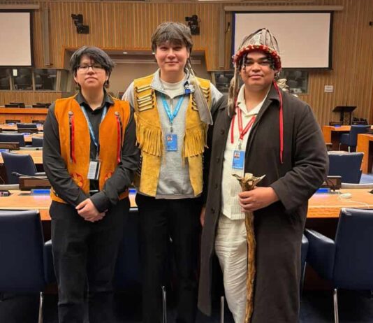 UNDER THE NORTHERN SKY First Nation Youth Speak At The United Nations photo provided by Jeronimo Kataquapit - Northern First Nation youth addressed the United Nations Permanent Forum on Indigenous Issues (UNPFII) Twenty-Fifth Session which was held at the United Nations headquarters in New York from April 20 to May 1, 2026. Pictured (L-R) at the UN in New York are: Kohen Mattinas, Lac Seul FN / Constance Lake FN; Jeronimo Kataquapit, Attawapiskat FN and Ramon Kataquapit, Attawapiskat FN.
