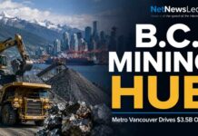 Vancouver Positioning as Major Mining Hub Mining site with large trucks and excavator in the foreground, Vancouver skyline in the distance, and bold text reading 'B.C. MINING HUB' with the subtitle 'Metro Vancouver Drives $3.5B Output.'