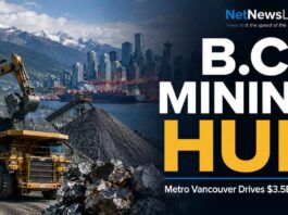 Vancouver Positioning as Major Mining Hub Mining site with large trucks and excavator in the foreground, Vancouver skyline in the distance, and bold text reading 'B.C. MINING HUB' with the subtitle 'Metro Vancouver Drives $3.5B Output.'