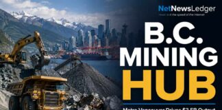 Vancouver Positioning as Major Mining Hub Mining site with large trucks and excavator in the foreground, Vancouver skyline in the distance, and bold text reading 'B.C. MINING HUB' with the subtitle 'Metro Vancouver Drives $3.5B Output.'