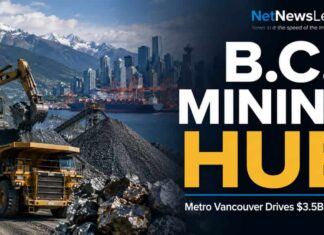 Vancouver Positioning as Major Mining Hub Mining site with large trucks and excavator in the foreground, Vancouver skyline in the distance, and bold text reading 'B.C. MINING HUB' with the subtitle 'Metro Vancouver Drives $3.5B Output.'