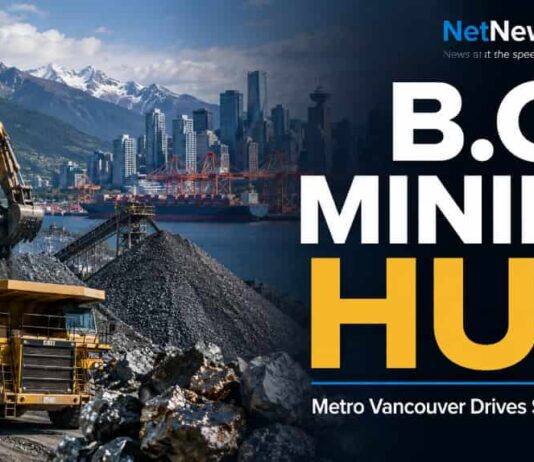 Vancouver Positioning as Major Mining Hub Mining site with large trucks and excavator in the foreground, Vancouver skyline in the distance, and bold text reading 'B.C. MINING HUB' with the subtitle 'Metro Vancouver Drives $3.5B Output.'