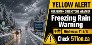 May 19, 2026: Geraldton–Greenstone Weather Focus — Freezing Rain Warning Makes Travel Tricky on Highways 11 and 17 Yellow Alert May 19 2026 Geraldton Weather