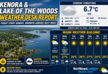 Kenora and Lake of the Woods Weather Report: Foggy start Sunday gives way to sunshine and major warming Kenora and Lake of the Woods Weather Report: Foggy start Sunday gives way to sunshine and major warming. Highs nearing 29°C by midweek for Kenora, Grassy Narrows, and Whitedog