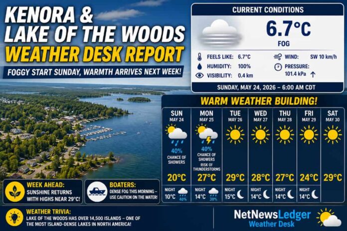 Kenora and Lake of the Woods Weather Report: Foggy start Sunday gives way to sunshine and major warming. Highs nearing 29°C by midweek for Kenora, Grassy Narrows, and Whitedog