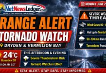 Tornado Watch in Effect for Dryden and Vermilion Bay Region Tornado watches are issued when the atmosphere has the right ingredients for tornado-producing storms, including warm humid air, unstable conditions, and stronger winds higher in the atmosphere.