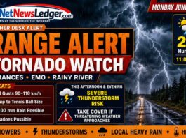 Weather Alert – Tornado Watch in Effect for Fort Frances – Emo – Rainy River and Atikokan Fort Frances, Emo and Rainy River are under an Orange Tornado Watch on June 29, 2026, with possible tornadoes, 90–110 km/h winds