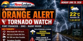 Weather Alert – Tornado Watch in Effect for Fort Frances – Emo – Rainy River and Atikokan Fort Frances, Emo and Rainy River are under an Orange Tornado Watch on June 29, 2026, with possible tornadoes, 90–110 km/h winds