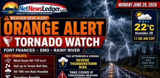 Weather Alert – Tornado Watch in Effect for Fort Frances – Emo – Rainy River and Atikokan Fort Frances, Emo and Rainy River are under an Orange Tornado Watch on June 29, 2026, with possible tornadoes, 90–110 km/h winds
