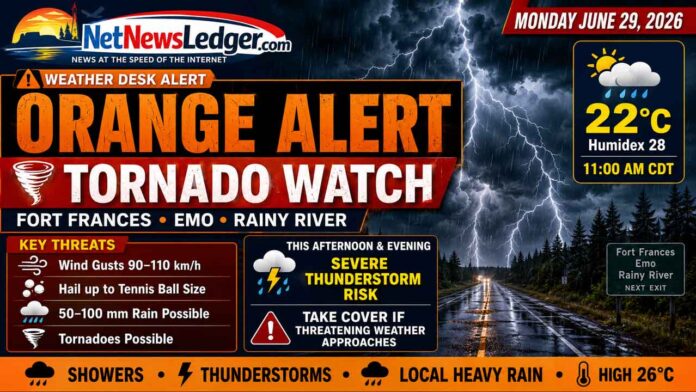 Fort Frances, Emo and Rainy River are under an Orange Tornado Watch on June 29, 2026, with possible tornadoes, 90–110 km/h winds