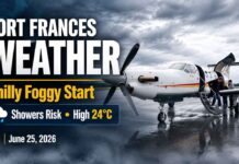 Fort Frances weather for June 25, 2026: chilly 7°C start with fog patches, warming to 24°C Fort Frances Weather June 25 2026