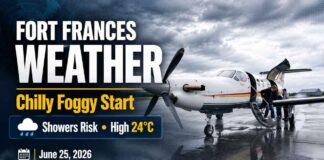 Fort Frances weather for June 25, 2026: chilly 7°C start with fog patches, warming to 24°C Fort Frances Weather June 25 2026
