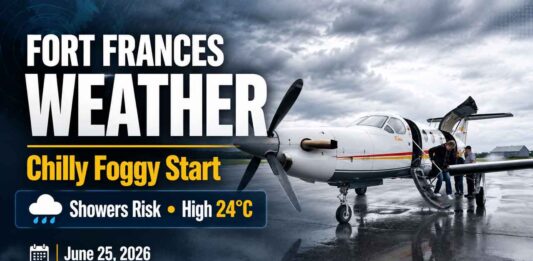 Fort Frances weather for June 25, 2026: chilly 7°C start with fog patches, warming to 24°C Fort Frances Weather June 25 2026