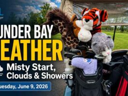 June 9, 2026: Thunder Bay Weather Forecast — Misty Start, Morning Drizzle Risk, and Cloudy Skies Ahead Thunder Bay weather for June 9, 2026: Mist and 100 percent humidity start the day, with morning showers or drizzle, fog patches, a high of 21°C, and cloudy weather continuing into Wednesday