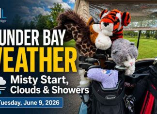 June 9, 2026: Thunder Bay Weather Forecast — Misty Start, Morning Drizzle Risk, and Cloudy Skies Ahead Thunder Bay weather for June 9, 2026: Mist and 100 percent humidity start the day, with morning showers or drizzle, fog patches, a high of 21°C, and cloudy weather continuing into Wednesday