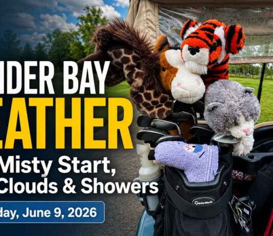 June 9, 2026: Thunder Bay Weather Forecast — Misty Start, Morning Drizzle Risk, and Cloudy Skies Ahead Thunder Bay weather for June 9, 2026: Mist and 100 percent humidity start the day, with morning showers or drizzle, fog patches, a high of 21°C, and cloudy weather continuing into Wednesday