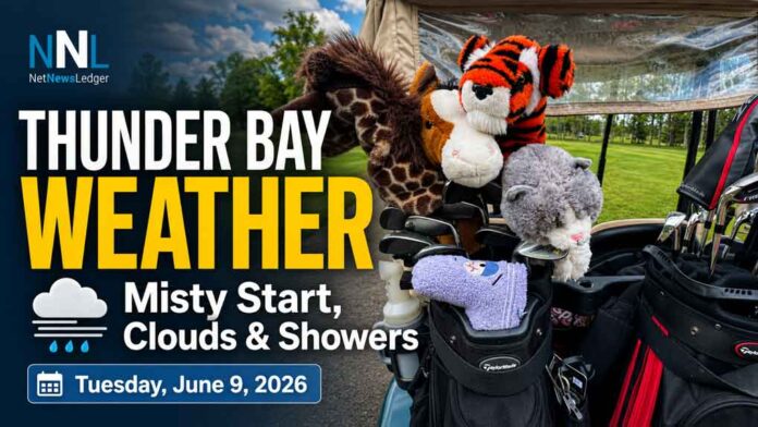 Thunder Bay weather for June 9, 2026: Mist and 100 percent humidity start the day, with morning showers or drizzle, fog patches, a high of 21°C, and cloudy weather continuing into Wednesday Thunder Bay weather for June 9, 2026: Mist and 100 percent humidity start the day, with morning showers or drizzle, fog patches, a high of 21°C, and cloudy weather continuing into Wednesday