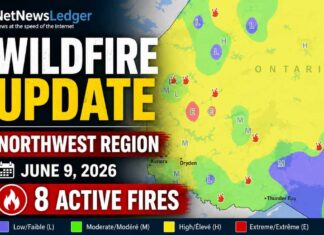 2026 Wildfire Update: Eight Active Fires Burning Across Ontario’s Northwest Region Ontario wildfires, Northwest Fire Region, Northwestern Ontario fire update, Dryden 13, DRY013, Wabakimi Provincial Park, Armstrong Ontario, Sioux Lookout 3, SLK003, Thunder Bay 24, THU024, Panache Lake, Little Sachigo Lake, Aviation Forest Fire and Emergency Services, Ontario forest fires, ONforestfires, FireRanger crews, wildfire smoke, forest fire danger rating, outdoor fire rules, Ontario fire season, wildland fire, forest fire update, Thunder Bay wildfire, Dryden wildfire, Sioux Lookout wildfire, June 2026 wildfires, 310-FIRE, Ontario.ca FireUpdates