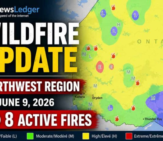 2026 Wildfire Update: Eight Active Fires Burning Across Ontario’s Northwest Region Ontario wildfires, Northwest Fire Region, Northwestern Ontario fire update, Dryden 13, DRY013, Wabakimi Provincial Park, Armstrong Ontario, Sioux Lookout 3, SLK003, Thunder Bay 24, THU024, Panache Lake, Little Sachigo Lake, Aviation Forest Fire and Emergency Services, Ontario forest fires, ONforestfires, FireRanger crews, wildfire smoke, forest fire danger rating, outdoor fire rules, Ontario fire season, wildland fire, forest fire update, Thunder Bay wildfire, Dryden wildfire, Sioux Lookout wildfire, June 2026 wildfires, 310-FIRE, Ontario.ca FireUpdates