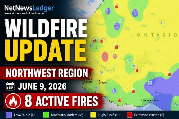 June 9 Wildfire Update Northwest Ontario wildfires, Northwest Fire Region, Northwestern Ontario fire update, Dryden 13, DRY013, Wabakimi Provincial Park, Armstrong Ontario, Sioux Lookout 3, SLK003, Thunder Bay 24, THU024, Panache Lake, Little Sachigo Lake, Aviation Forest Fire and Emergency Services, Ontario forest fires, ONforestfires, FireRanger crews, wildfire smoke, forest fire danger rating, outdoor fire rules, Ontario fire season, wildland fire, forest fire update, Thunder Bay wildfire, Dryden wildfire, Sioux Lookout wildfire, June 2026 wildfires, 310-FIRE, Ontario.ca FireUpdates