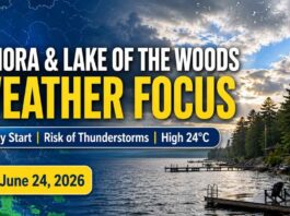 Kenora and Lake of the Woods weather for June 24, 2026: light rain and 14°C early Kenora Weather