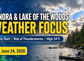 Kenora and Lake of the Woods weather for June 24, 2026: light rain and 14°C early Kenora Weather