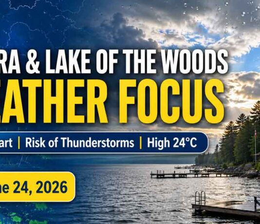 Kenora and Lake of the Woods weather for June 24, 2026: light rain and 14°C early Kenora Weather