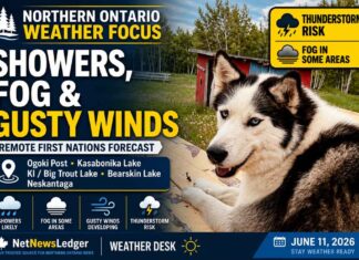 June 11, 2026: Northern Ontario Remote First Nations Weather Focus — Showers, Fog, Thunderstorm Risk and Gusty Winds Northern Ontario remote First Nation communities face showers, fog, gusty winds, and a thunderstorm risk in the June 11, 2026 weather outlook.