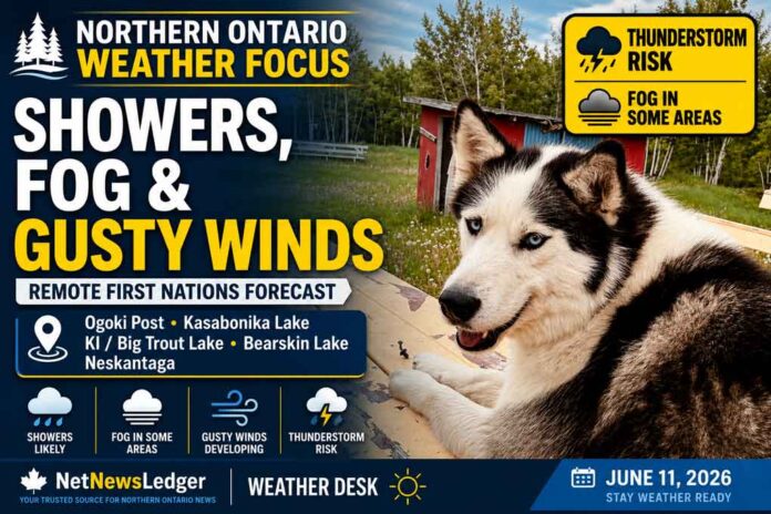 Northern Ontario remote First Nation communities face showers, fog, gusty winds, and a thunderstorm risk in the June 11, 2026 weather outlook. Northern Ontario remote First Nation communities face showers, fog, gusty winds, and a thunderstorm risk in the June 11, 2026 weather outlook.