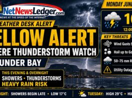 Weather Desk Alert: Yellow Severe Thunderstorm Watch Issued for Thunder Bay Thunder Bay weather alert for June 29, 2026: Yellow Severe Thunderstorm Watch in effect with possible 90–110 km/h winds, golf ball-sized hail