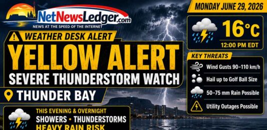 Weather Desk Alert: Yellow Severe Thunderstorm Watch Issued for Thunder Bay Thunder Bay weather alert for June 29, 2026: Yellow Severe Thunderstorm Watch in effect with possible 90–110 km/h winds, golf ball-sized hail