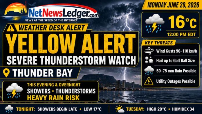 Thunder Bay weather alert for June 29, 2026: Yellow Severe Thunderstorm Watch in effect with possible 90–110 km/h winds, golf ball-sized hail