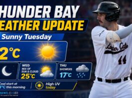 Thunder Bay weather for June 2, 2026: Mainly sunny and cool at 4.4°C this morning, warming to 22°C Thunder Bay weather for June 2, 2026: Mainly sunny and cool at 4.4°C this morning, warming to 22°C with high UV