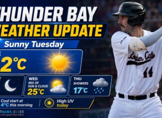 Thunder Bay weather for June 2, 2026: Mainly sunny and cool at 4.4°C this morning, warming to 22°C Thunder Bay weather for June 2, 2026: Mainly sunny and cool at 4.4°C this morning, warming to 22°C with high UV