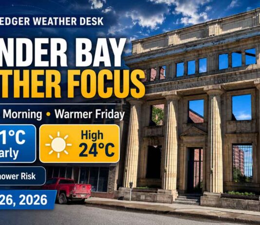 Thunder Bay weather for June 26, 2026: partly cloudy and 11°C early, warming to 24°C Thunder Bay Weather