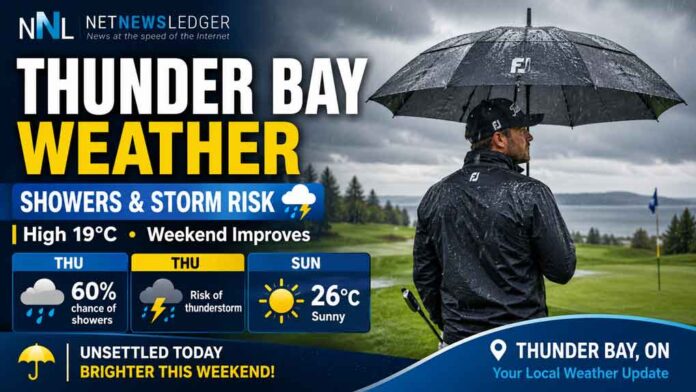 Thunder Bay weather for June 4, 2026: Mainly cloudy with a 60 percent chance of showers, thunderstorm risk, high of 19°C, and unsettled weather continuing Friday before a brighter weekend.