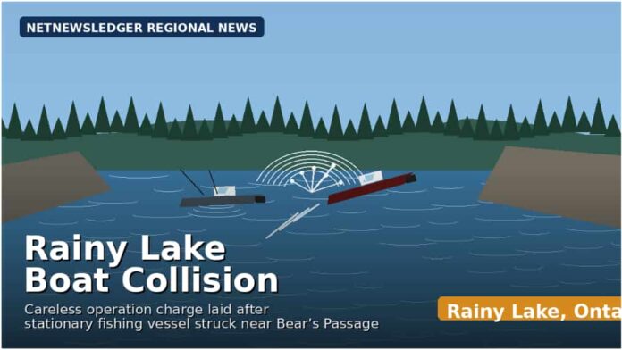 Five people were not injured after a stationary fishing boat was struck by another vessel near Bear’s Passage on Rainy Lake, according to the Ontario Provincial Police
