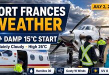 Fort Frances weather for July 2, 2026: damp 15°C morning, mainly cloudy skies, high 26°C, humidex 30 Fort Frances Weather July 2 2026