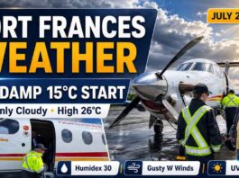Fort Frances weather for July 2, 2026: damp 15°C morning, mainly cloudy skies, high 26°C, humidex 30 Fort Frances Weather July 2 2026