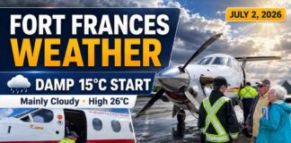 Fort Frances weather for July 2, 2026: damp 15°C morning, mainly cloudy skies, high 26°C, humidex 30 Fort Frances Weather July 2 2026