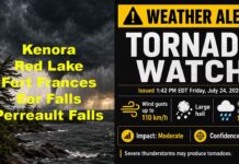 TORNADO WATCH: Kenora, Fort Frances, Red Lake, Ear Falls and Perrault Falls at Risk Tornado Watch
