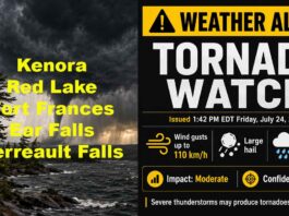 TORNADO WATCH: Kenora, Fort Frances, Red Lake, Ear Falls and Perrault Falls at Risk Tornado Watch