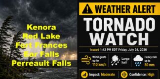 TORNADO WATCH: Kenora, Fort Frances, Red Lake, Ear Falls and Perrault Falls at Risk Tornado Watch