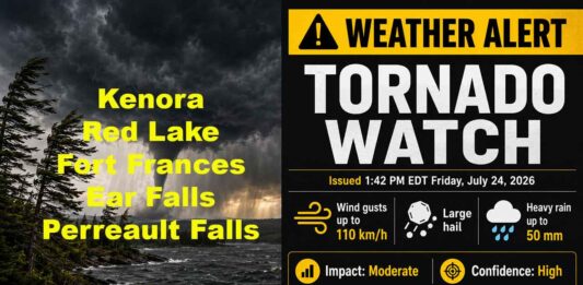TORNADO WATCH: Kenora, Fort Frances, Red Lake, Ear Falls and Perrault Falls at Risk Tornado Watch
