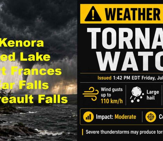 TORNADO WATCH: Kenora, Fort Frances, Red Lake, Ear Falls and Perrault Falls at Risk Tornado Watch